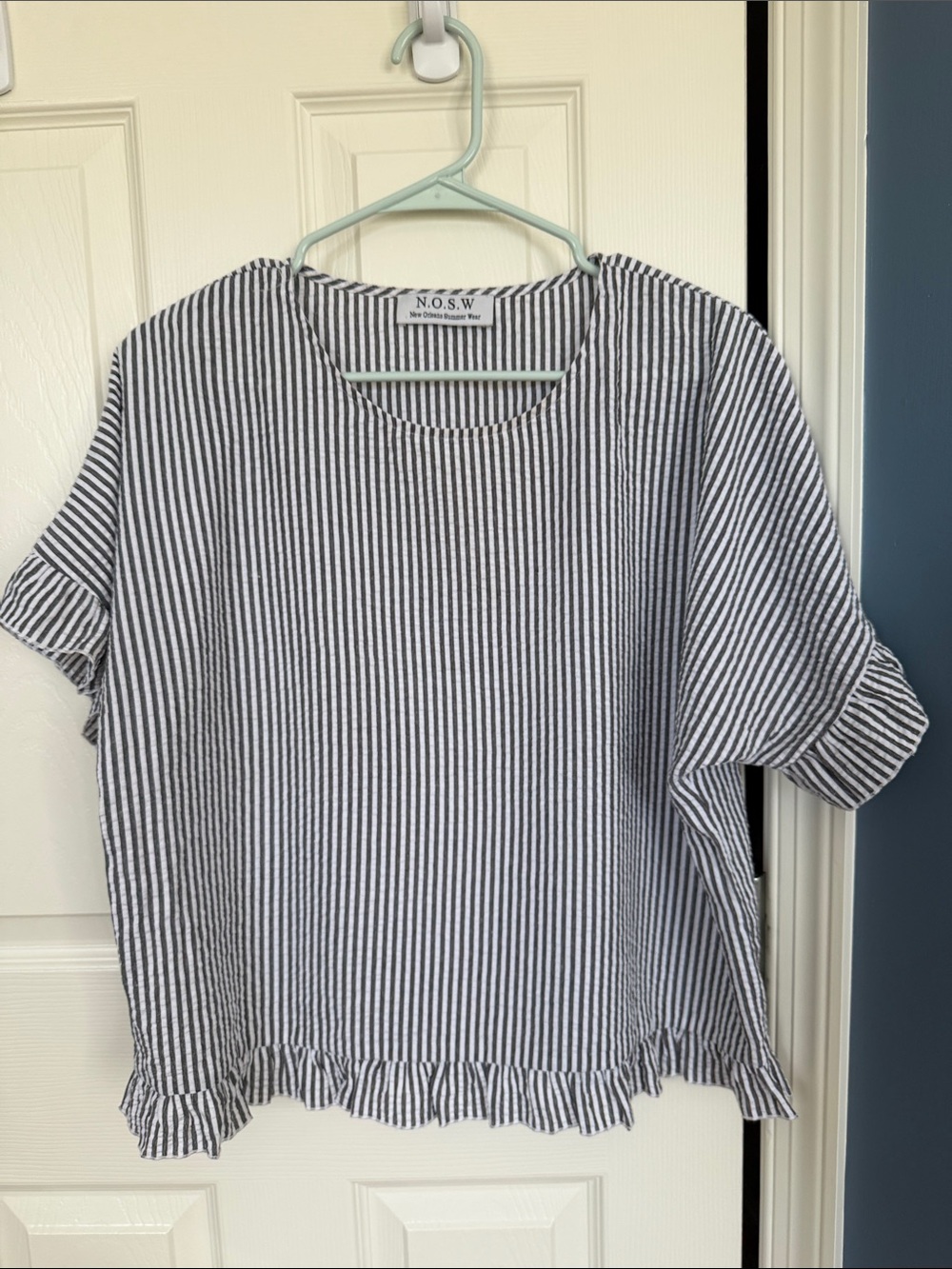 Black and White Striped Ruffle-Hem Blouse